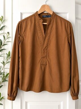 Ralph Lauren Camel Brown Popover Blouse Long Sleeve Cotton Top Size 6